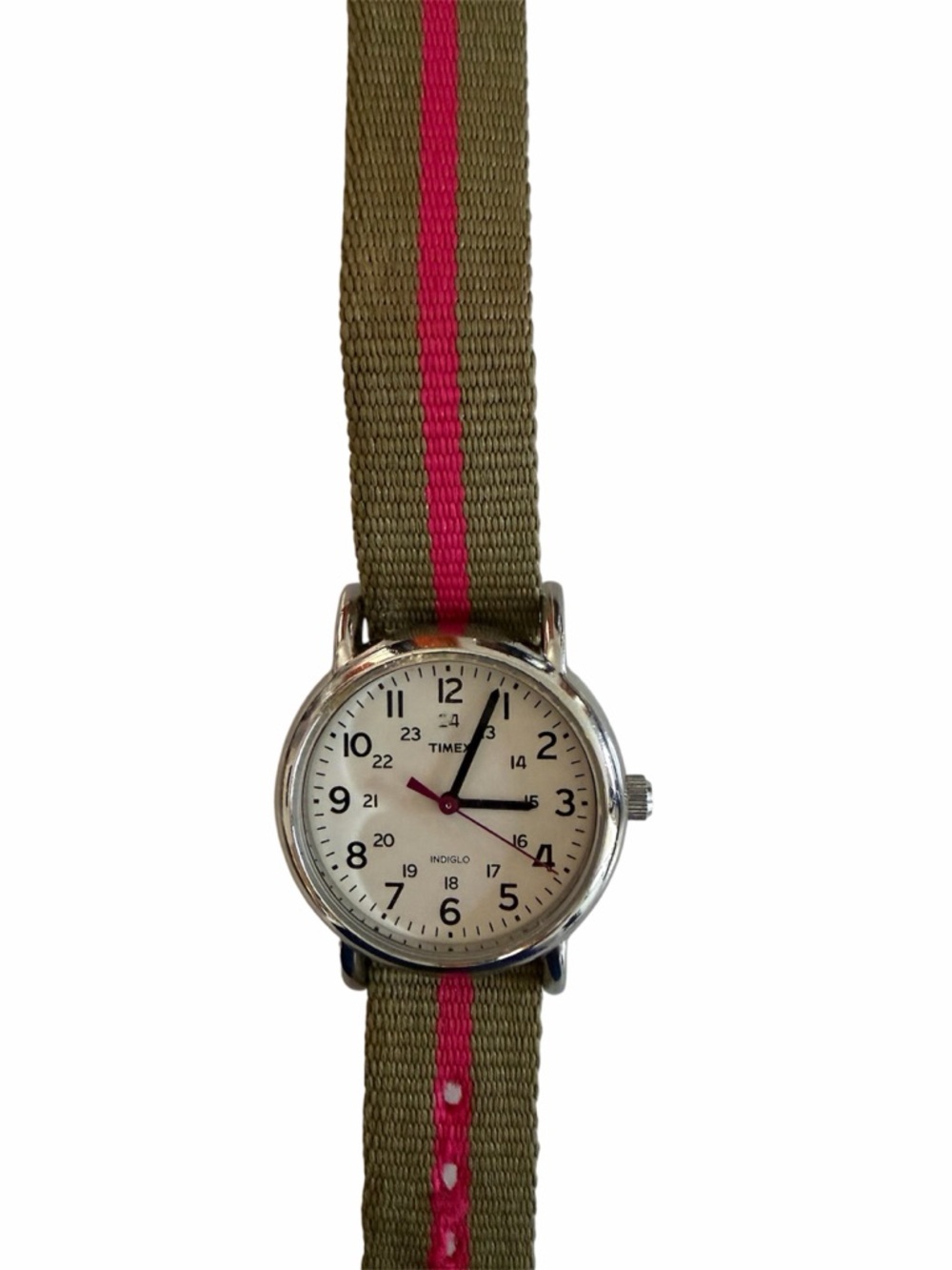 Timex White Dial Watch with Olive and Pink-Striped Strap